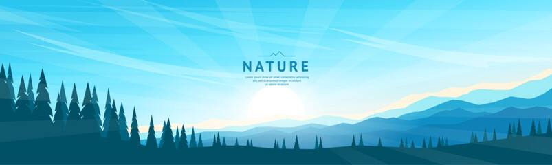 Wall Mural - sunrise in the mountains. gentle mountain ranges in the distance and silhouettes of fir trees in the