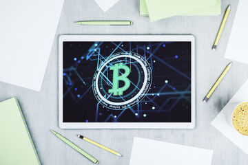 Poster - Creative Bitcoin concept on modern digital tablet screen. Top view. 3D Rendering