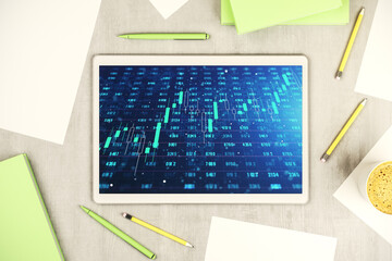 Poster - Abstract creative stats data concept on modern digital tablet screen. Top view. 3D Rendering
