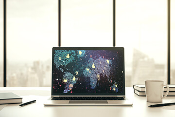 Poster - Modern computer screen with social network icons concept and world map. Networking concept. 3D Rendering