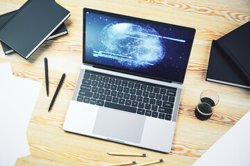Aufkleber - Computer monitor with abstract creative programming illustration and world map, big data and blockchain concept. 3D Rendering