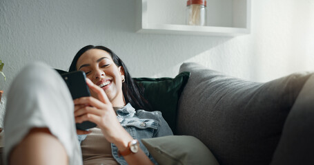 Poster - Happy woman, thinking and relax with smartphone on sofa, scroll social media and reading notification at home. Cellphone, smile and search connection, download digital app and contact in living room