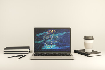 Poster - Creative concept of code skull illustration on modern laptop screen. Hacking and phishing concept. 3D Rendering