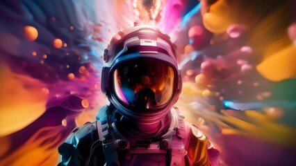 Wall Mural - A man in a space suit standing in front of a vibrant backdrop. Generative ai