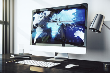 Aufkleber - Modern computer monitor with abstract digital world map, research and strategy concept. 3D Rendering
