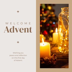 Canvas Print - Composite of welcome advent text and lit candles on dark background