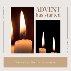 Canvas Print - Composite of advent has started text and lit candles on dark background