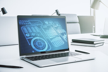 Poster - Modern computer screen with creative statistics data hologram, stats and analytics concept. 3D Rendering