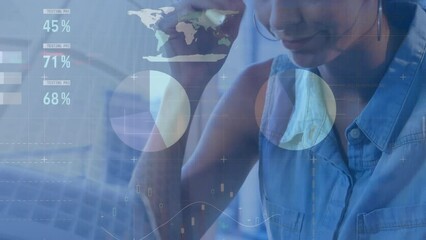 Poster - Animation of statistical data processing against stressed biracial woman using a laptop at office