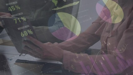 Poster - Animation of data processing against diverse man and woman discussing over a tablet at office