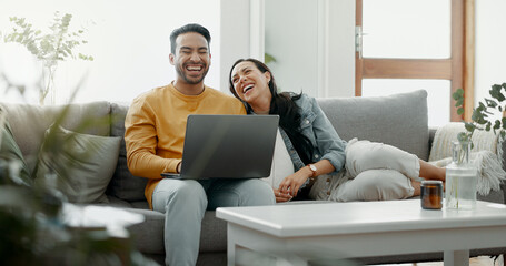 Poster - Couple, laptop and laugh on sofa in home for meme, watch movies and streaming funny multimedia. Happy man, woman and relax at computer in living room on social media, web subscription or comedy show