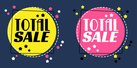 Poster - Tolal sale. Beautiful and bright stickers with a discount offer. Pink and yellow.