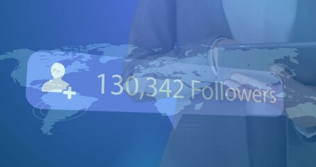 Poster - Animation of profile icon with increasing followers over world map against woman using a tablet