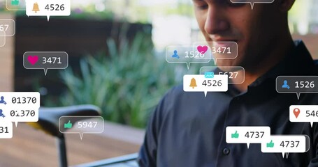 Poster - Animation of social media icons floating over happy caucasian man using smartwatch outdoors