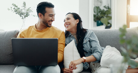 Wall Mural - Couple, laptop and laugh on sofa in home for meme, watch movies and streaming funny multimedia. Happy man, woman and relax at computer in living room on social media, web subscription or comedy show