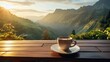 A  cup of coffee on  a  table  with  a  mountain  view