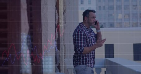 Poster - Animation of statistical data processing against caucasian man talking on smartphone in the balcony