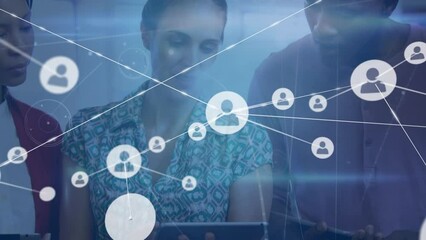Poster - Animation of network of profile icons over diverse colleagues discussing over a tablet at office
