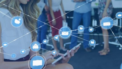 Poster - Animation of network of digital icons against caucasian woman using digital tablet at office