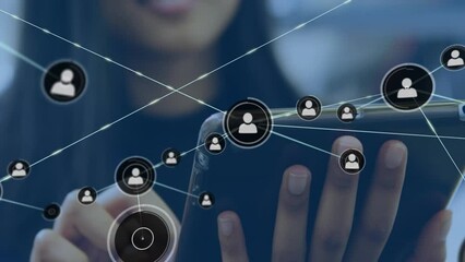 Poster - Animation of network of profile icons against mid section of a businesswoman using tablet at office