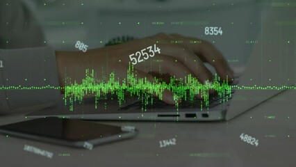 Poster - Animation of multiple changing numbers, data processing over mid section of man using a laptop
