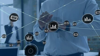 Poster - Animation of network of icons over mid section of a man using smartphone and smartwatch at office