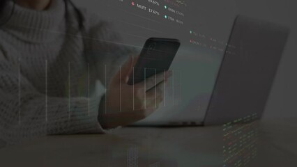 Poster - Animation of statistical, stock market data processing over mid section of woman using a laptop