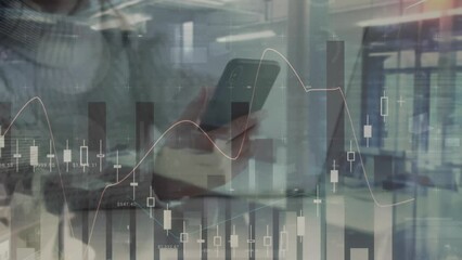 Poster - Animation of data processing over mid section of woman using a laptop against empty office