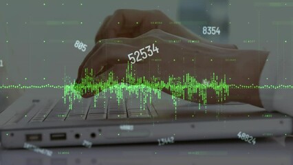 Poster - Animation of multiple changing numbers, data processing over mid section of man using a laptop