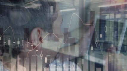 Poster - Animation of data processing over rear view of a asian man using a tablet against empty office