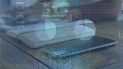 Poster - Animation of multiple changing numbers, data processing over mid section of woman using a laptop