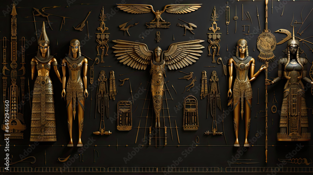 Ancient Egyptian hieroglyphs and symbols on a black wall. Stock ...