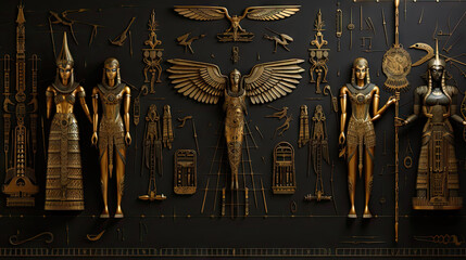 Ancient Egyptian hieroglyphs and symbols on a black wall.