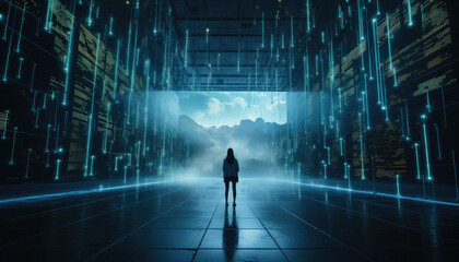 Poster - Woman standing in the middle of big server room