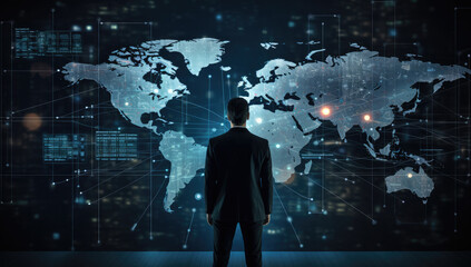 Poster - Rear view of man looking at big digital world map