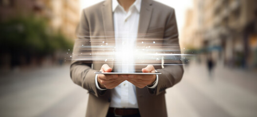 Poster - Close up shot of man using digital tablet with glowing projection on city street