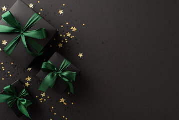 set the tone for a joyful new year with top-view visuals of opulent black gift boxes, complemented b