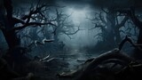 Fototapeta Las - halloween haunted forest spooky illustration horror fear, scary landscape, mist mystery halloween haunted forest spooky