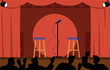 Standup stage concept. Scene with microphone at stand and red curtains. Humorous performance by comedian artists. Humor and jokes. Event, party and festival. Cartoon flat vector illustration