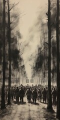 Wall Mural - Dark WWII prison camp with prisoners as silhouettes illustration (1939-1945)