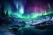 High-definition image of icy terrain under the ethereal aurora borealis in the sky. Generative AI