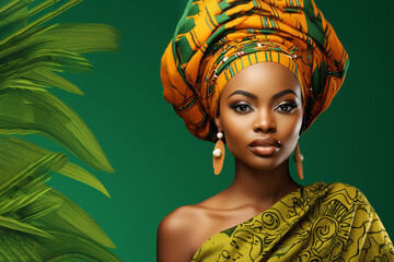 Beautiful young woman wearing traditional African head wrap on green background