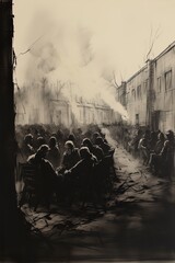 Wall Mural - Dark WWII prison camp with prisoners as silhouettes illustration (1939-1945)