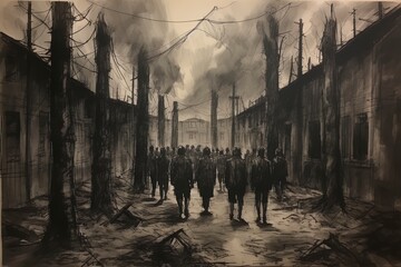 Wall Mural - Dark WWII prison camp with prisoners as silhouettes illustration (1939-1945)