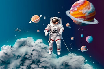 Wall Mural - Paper art style , Astronaut floating in the space , Beautiful planet in the stratosphere , Paper cut
