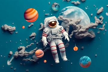 Wall Mural - Paper art style , Astronaut floating in the space , Beautiful planet in the stratosphere , Paper cut