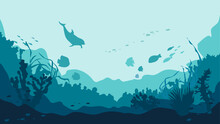 Sea Bottom Flora And Fauna, Seafloor World Vector Background. Dolphin Silhouette, Seaweed And Reef, Fish School On Underwater Landscape. 