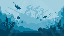 Silhouette Of A Coral Reef With Fish And A Shipwreck At The Bottom In The Blue Sea. Underwater Landscape, Sea Or Ocean Undersea With Ship Wrecks, Vector Silhouette Background. 