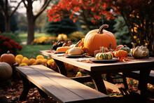 A Picturesque Scene Of A Wooden Picnic Table Adorned With Pumpkins, Gourds, And Fall Leaves, Set For A Delightful Al Fresco Thanksgiving Dinner In The Backyard, Thanksgiving, Thank