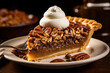 A close-up of a mouthwatering slice of pecan pie, capturing the rich, nutty filling and the crumbly crust, a Thanksgiving dessert favorite, Thanksgiving, Thanksgiving dinner
